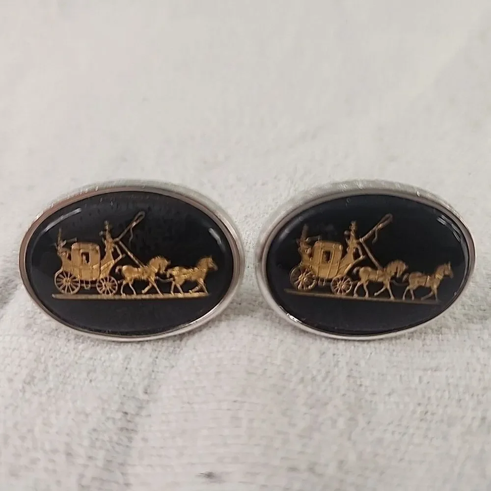 Cufflinks Silver Celluloid And Gold Colored Raised Metal Stagecoach Shields VNTG